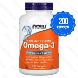 NOW Foods Omega-3, рыбий жир 1000 мг, EPA 180 мг и DHA 120 мг, 200 мягких капсул