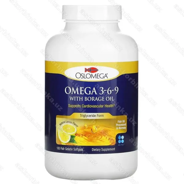 Oslomega, норвежская серия, омега 3-6-9 с маслом бурачника, лимонный вкус, 180 капсул
