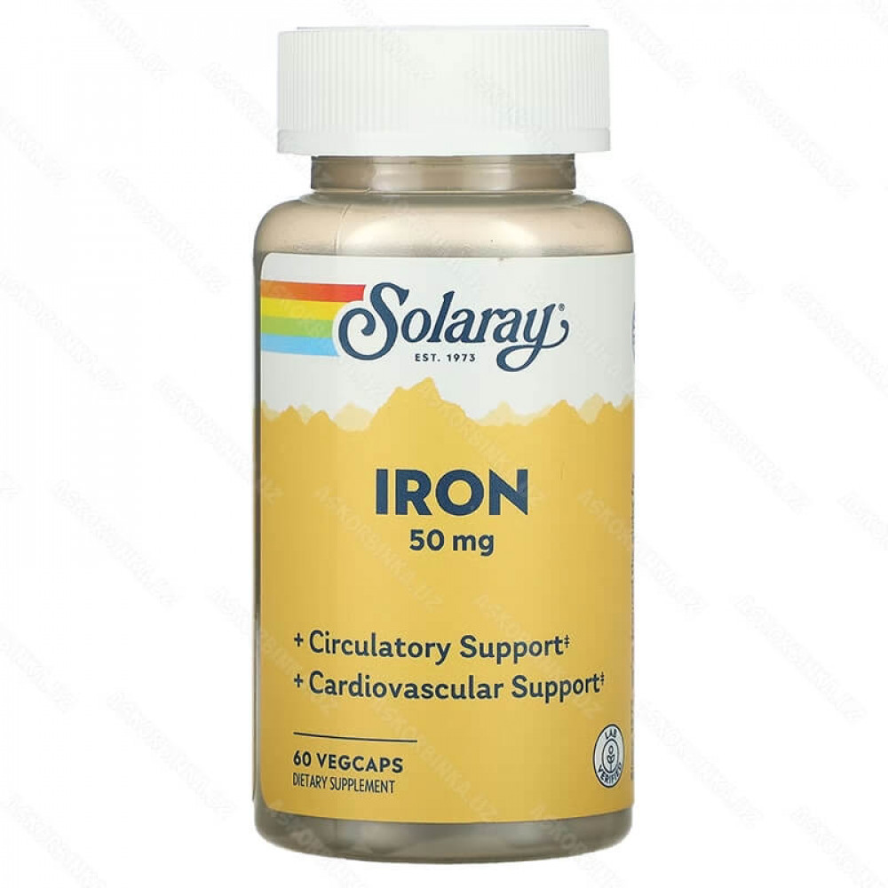Iron Solaray, железо, 50 мг, 60 растительных капсул