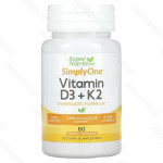 Витамины D3 и К2, Super Nutrition, 60 растительных капсул