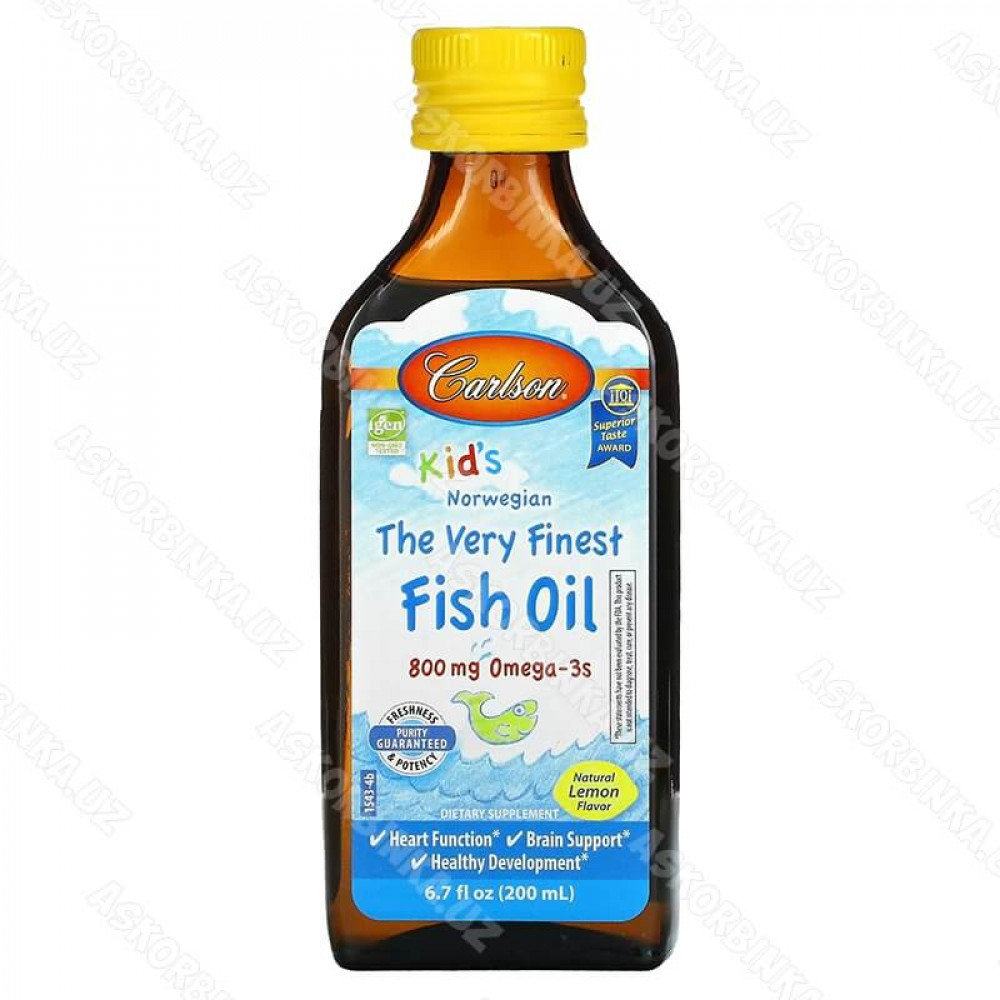 Fish oil Carlson, норвежская серия для детей, рыбий жир с натуральным лимонным вкусом, 800 мг, 200 мл