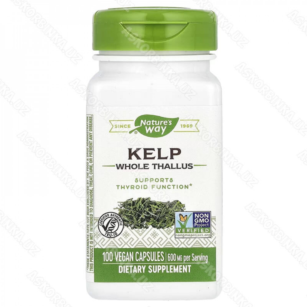 Kelp, йод Natures Way, бурые водоросли, 600 мг, 100 веганских капсул